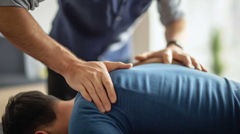 Close-up of an adult rotating their shoulder with visible focus on the joint movement.